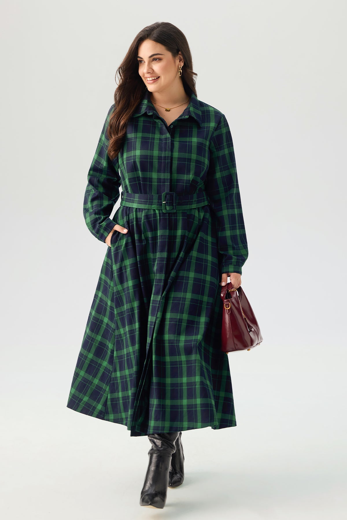 Plaid Belted Long Sleeve Maxi Dress