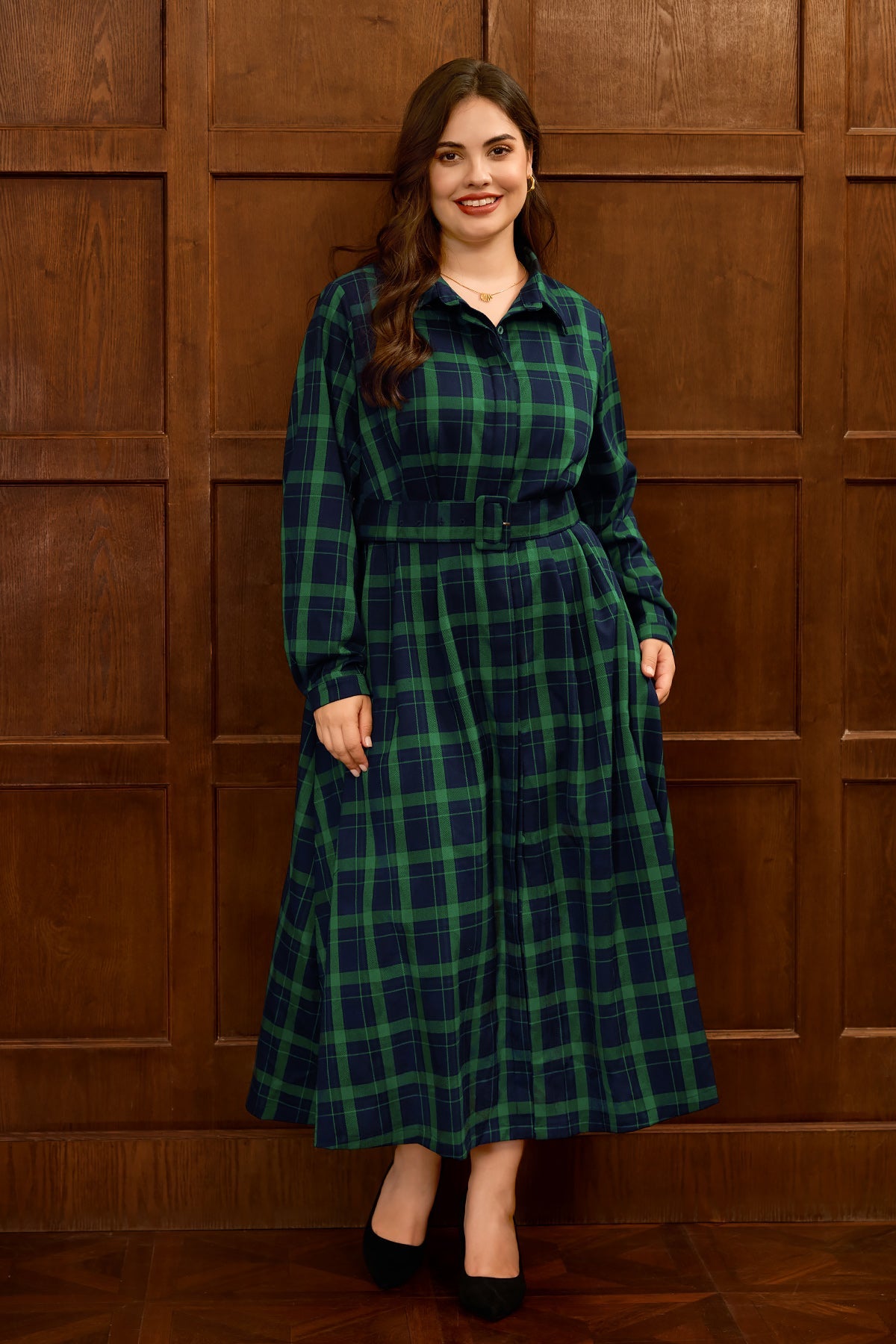 Plaid Belted Long Sleeve Maxi Dress