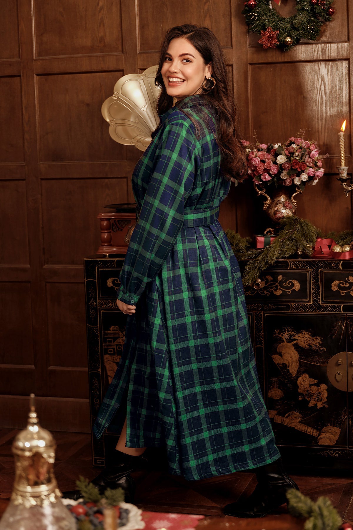 Plaid Belted Long Sleeve Maxi Dress
