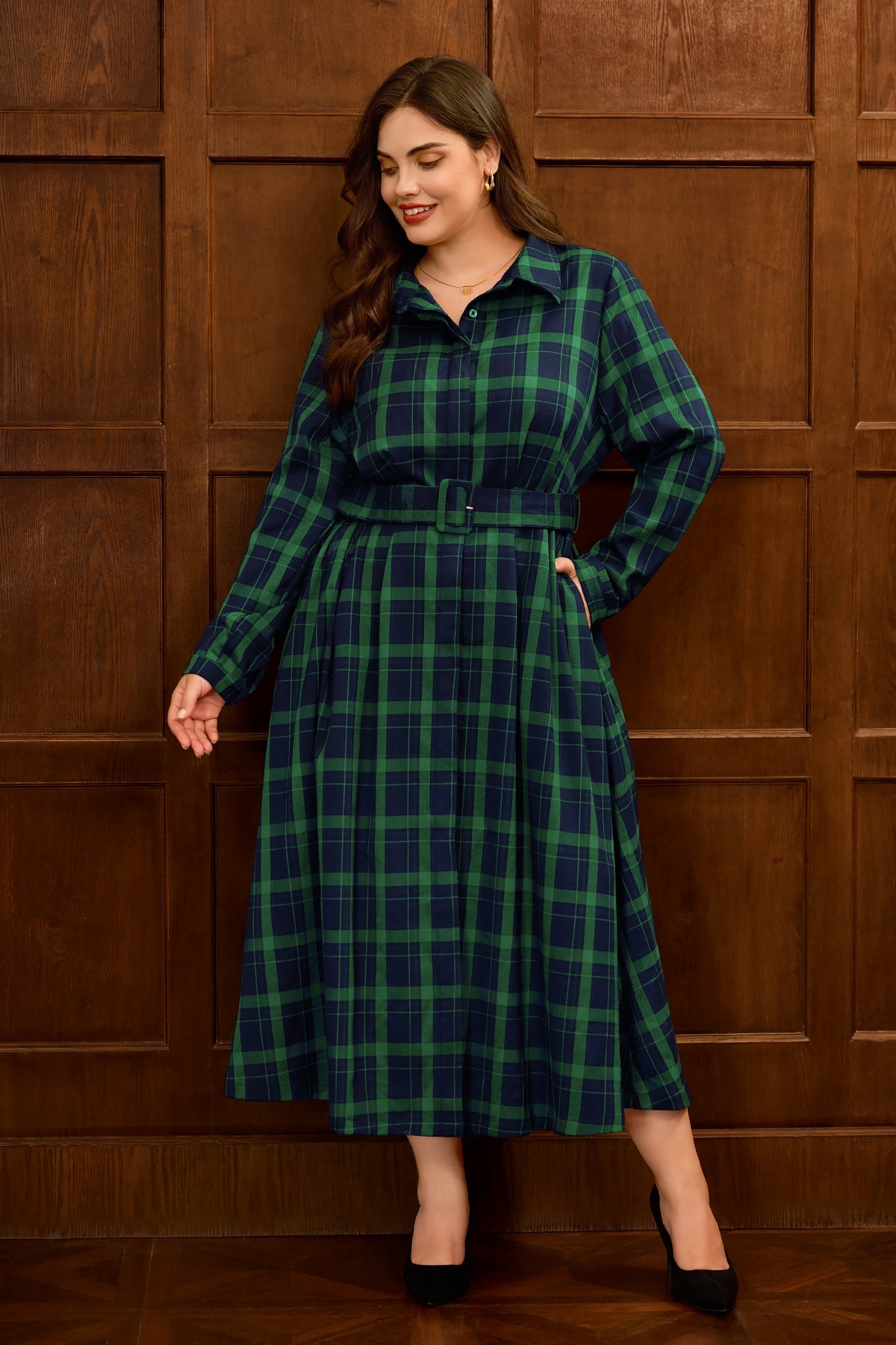 Plaid Belted Long Sleeve Maxi Dress