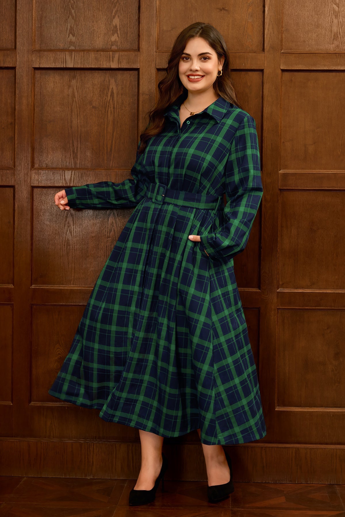 Plaid Belted Long Sleeve Maxi Dress