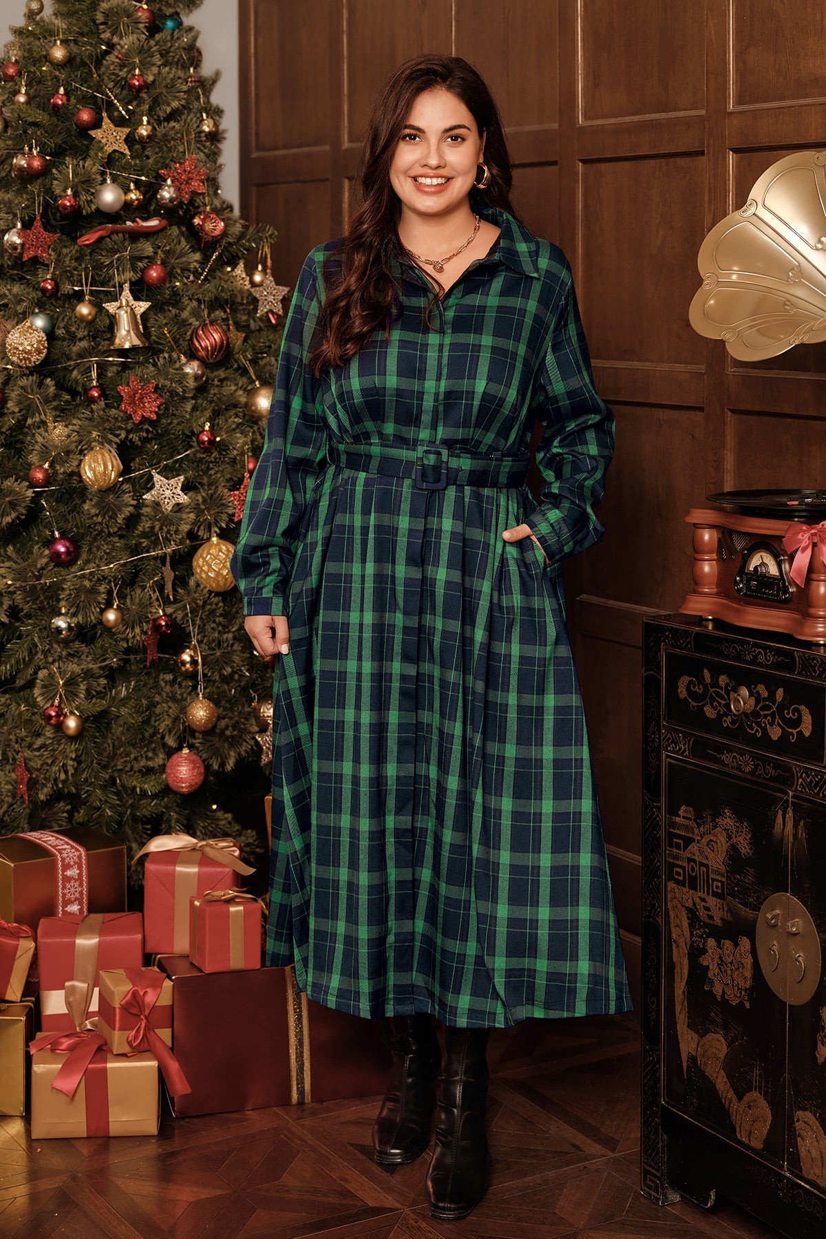 Plaid Belted Long Sleeve Maxi Dress