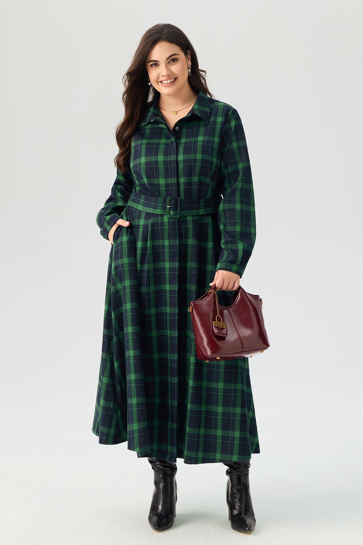 Plaid Belted Long Sleeve Maxi Dress