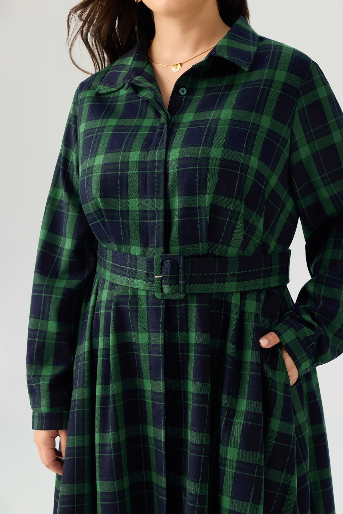 Plaid Belted Long Sleeve Maxi Dress