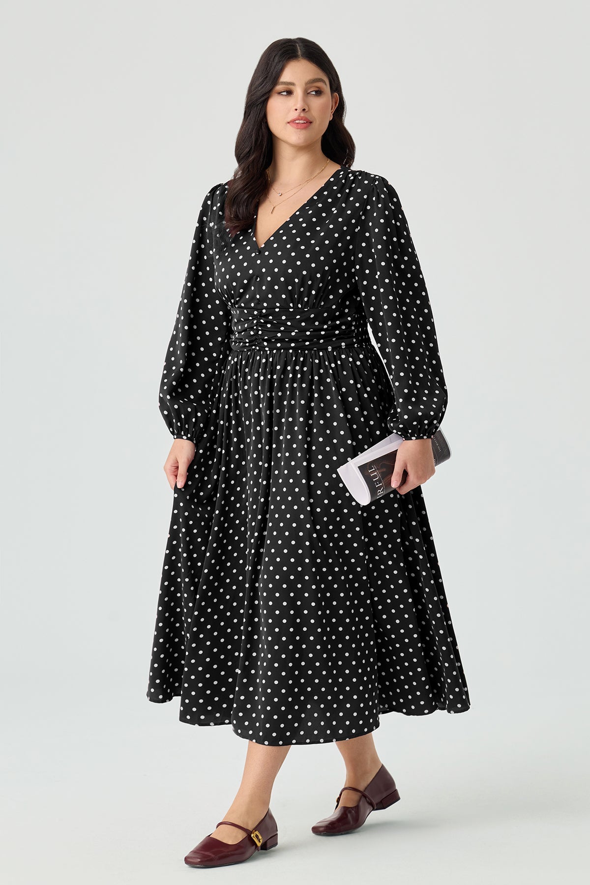 Ritera Pockets Polka Dot V-Neck Smocked Waist Midi Dress