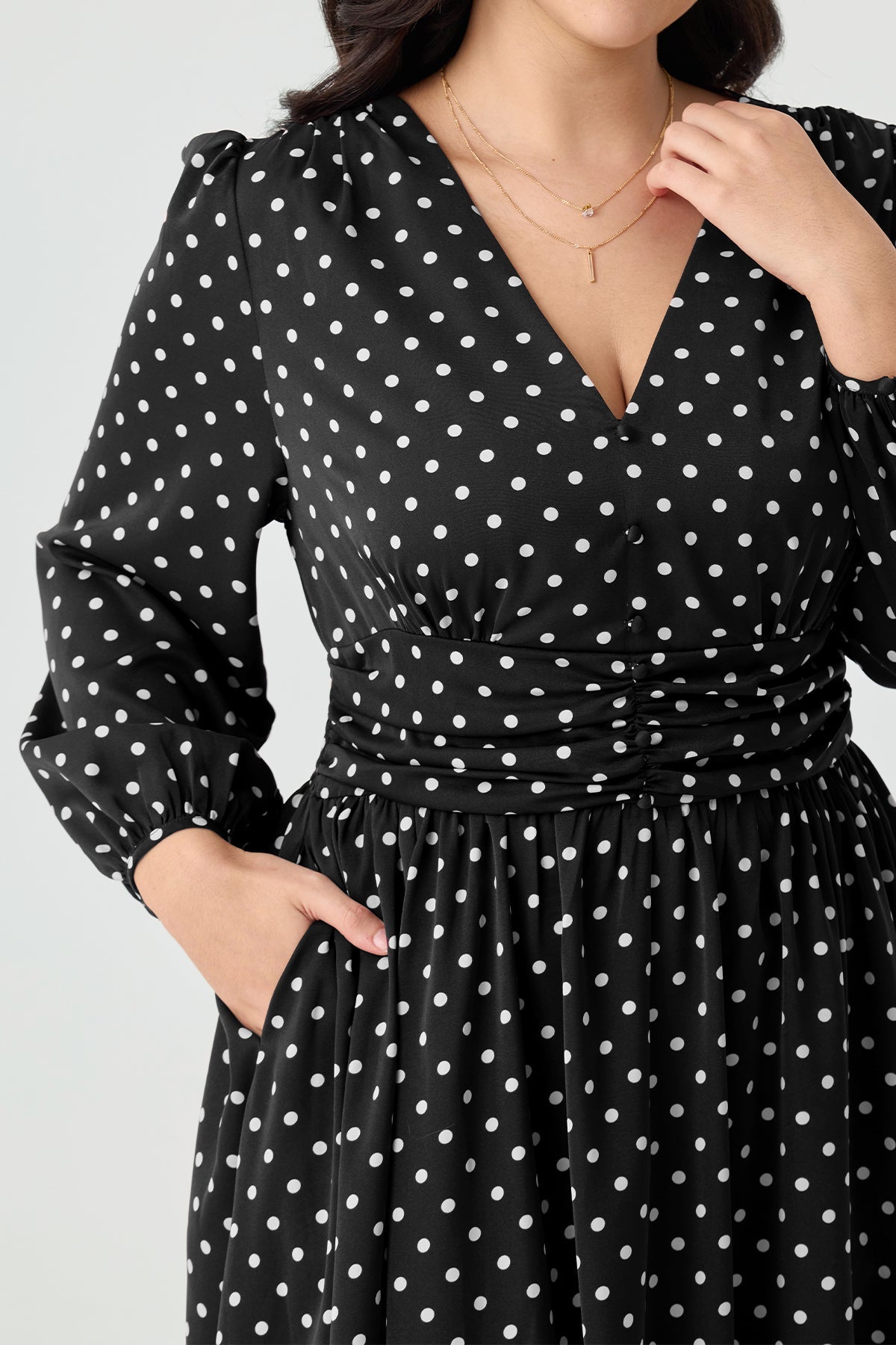 Ritera Pockets Polka Dot V-Neck Smocked Waist Midi Dress