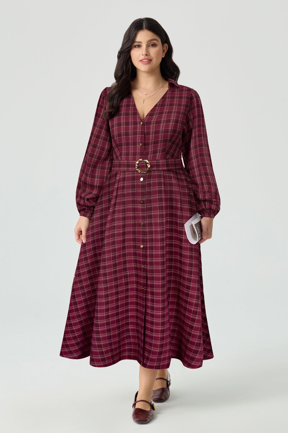 Plum Cotton Gold Buckle Belted Shirt Maxi Dress