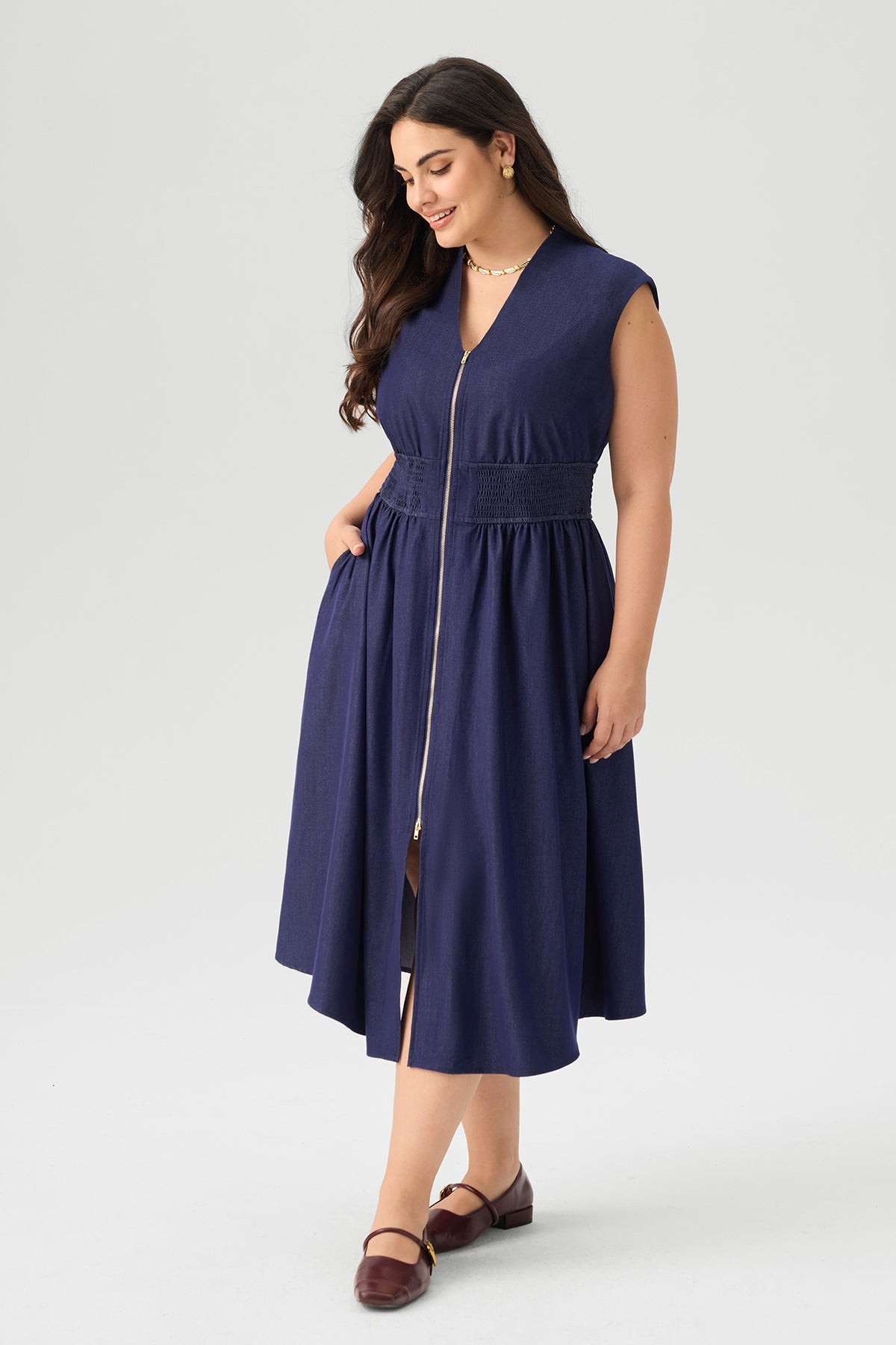 Zip Front Smocked Waist Sleeveless Midi Dress