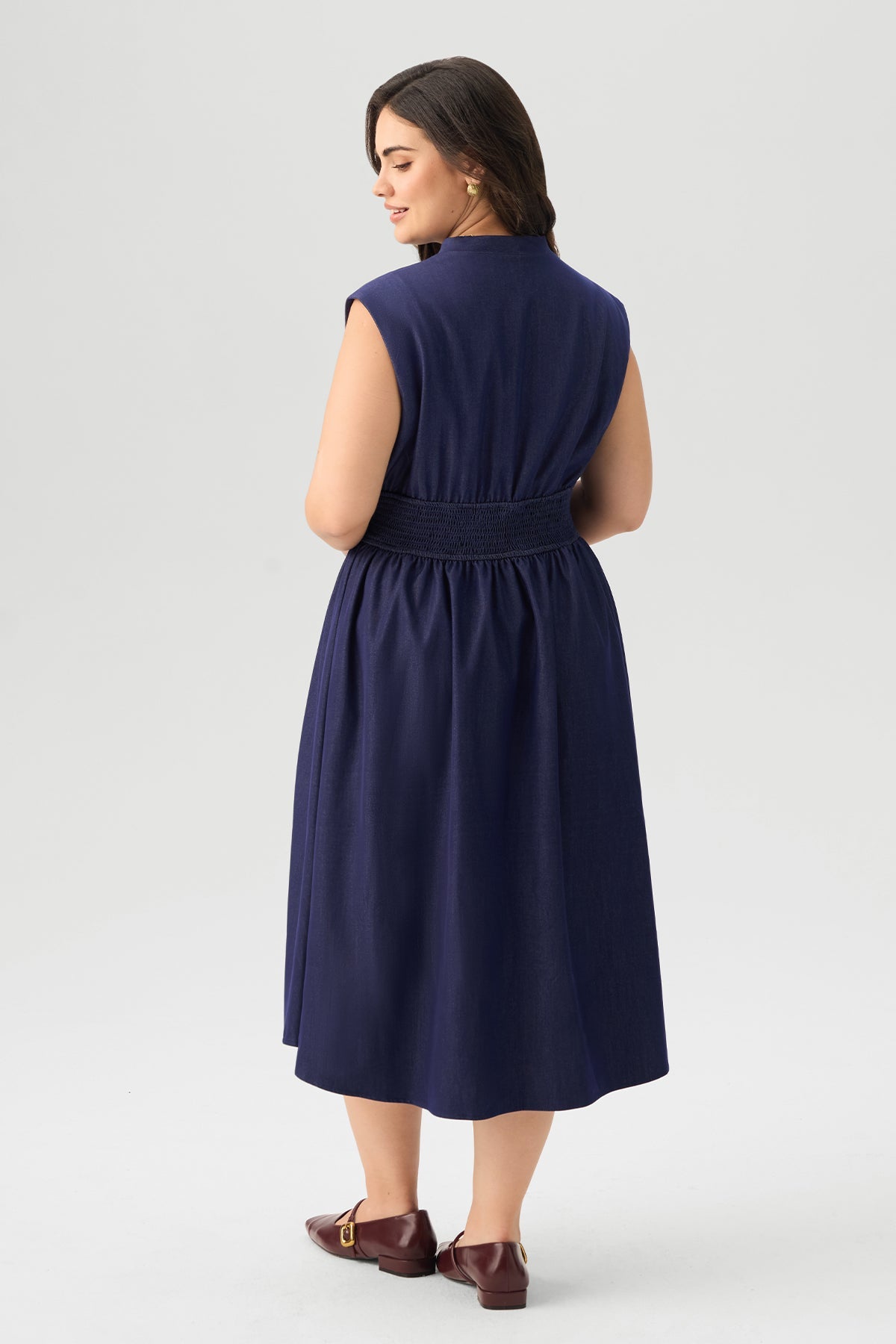 Zip Front Smocked Waist Sleeveless Midi Dress