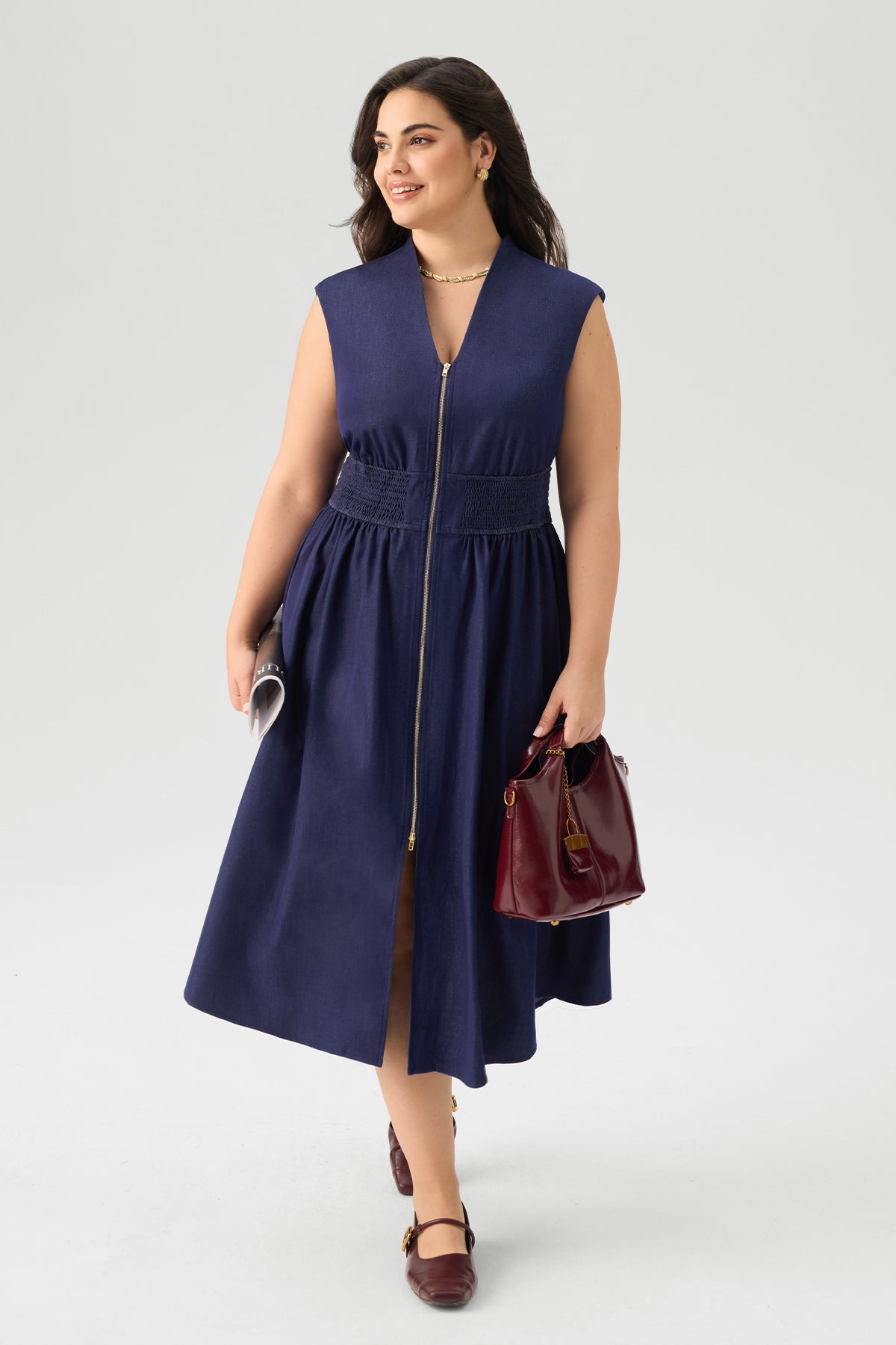 Zip Front Smocked Waist Sleeveless Midi Dress