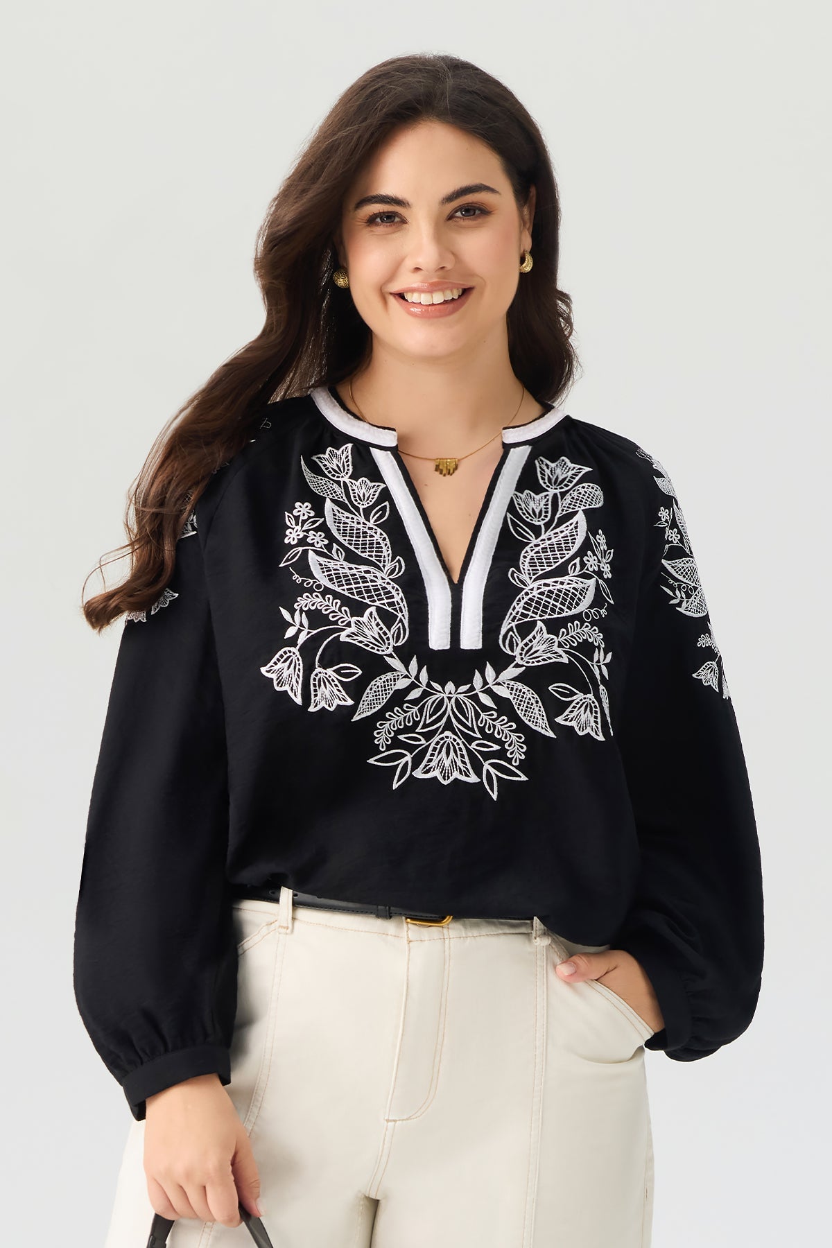Embroidered V Neck Long Sleeve Blouse
