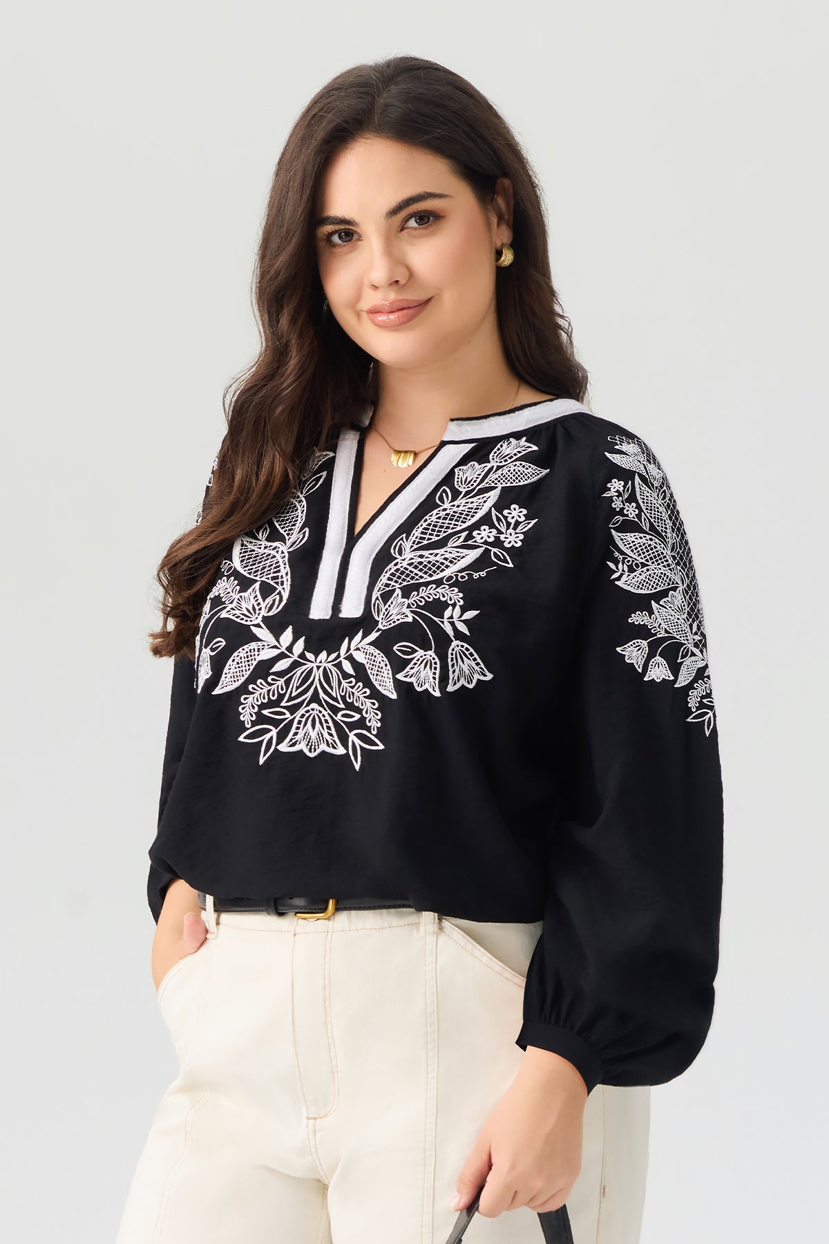 Embroidered V Neck Long Sleeve Blouse