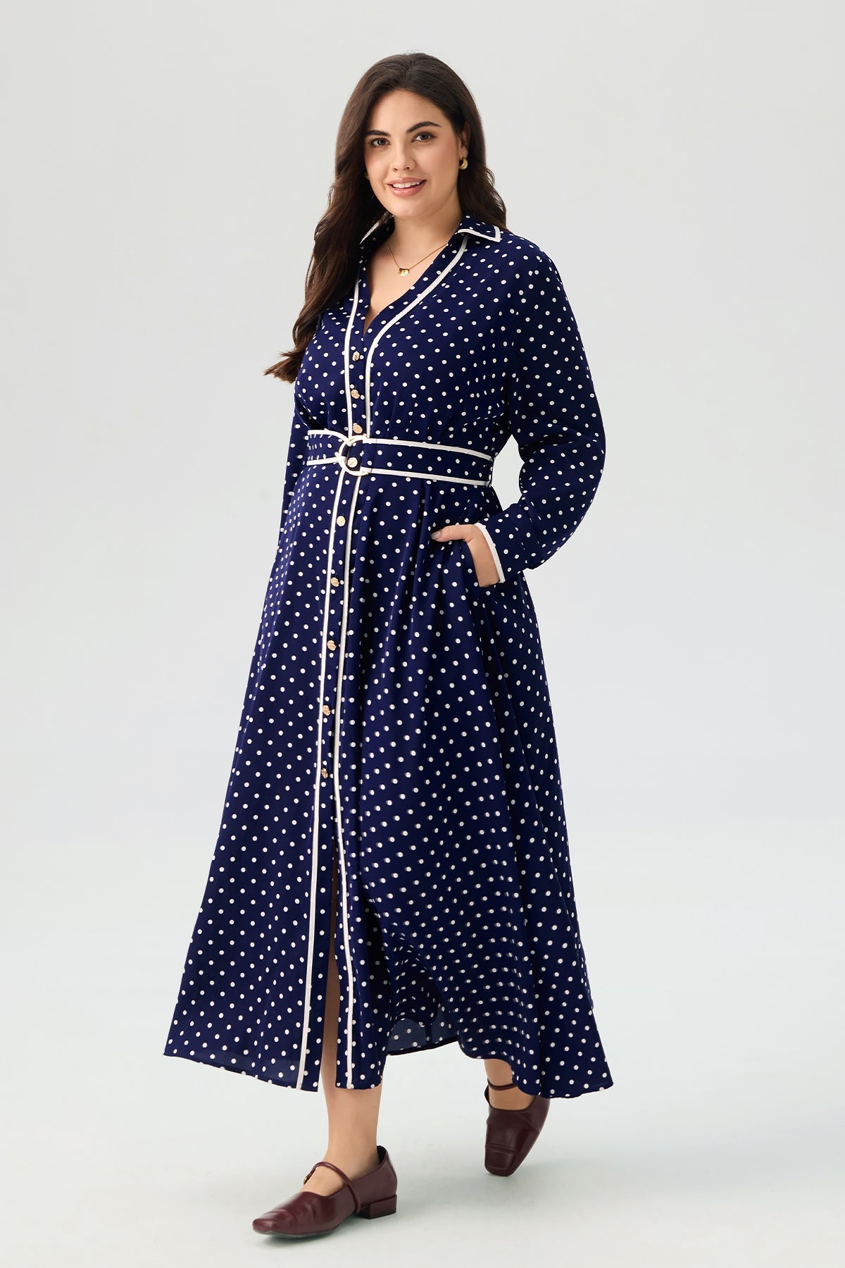 Polka Dot V-neck Long Sleeve Maxi Dress