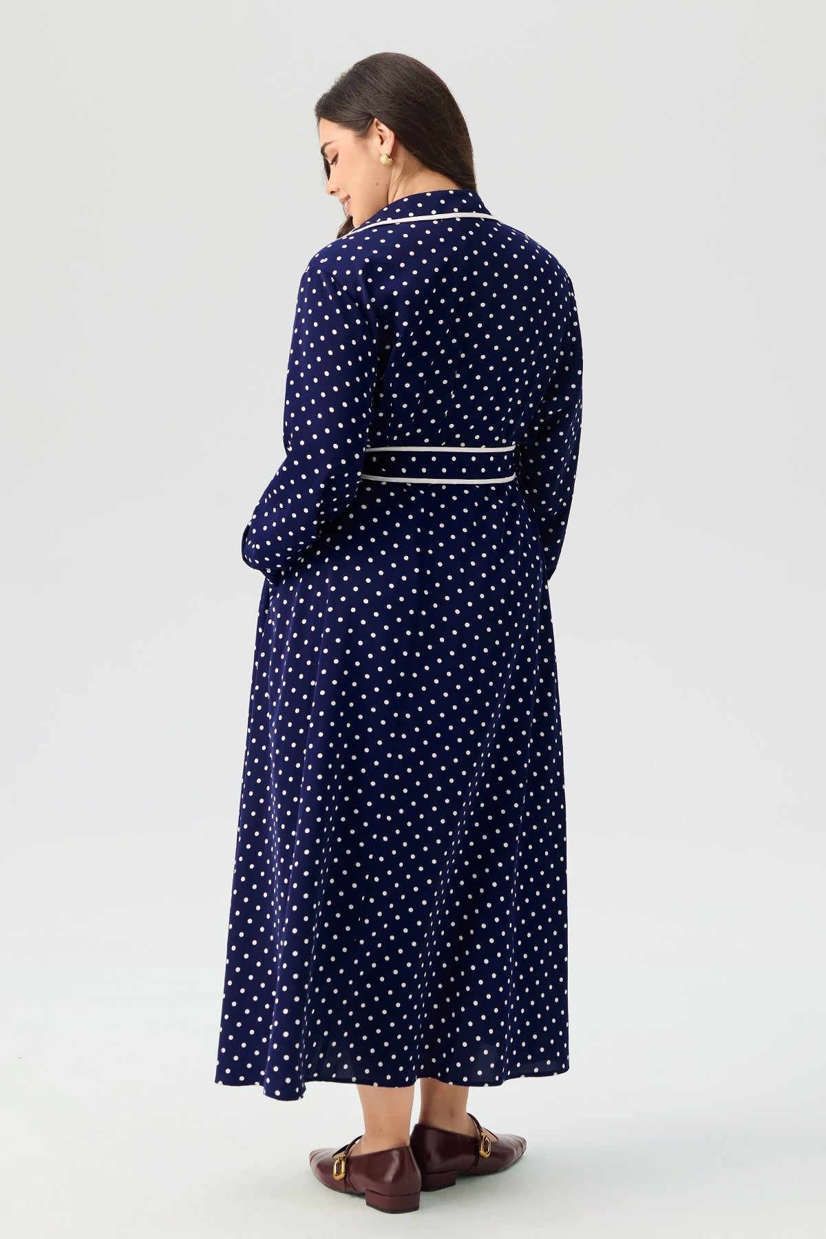 Polka Dot V-neck Long Sleeve Maxi Dress
