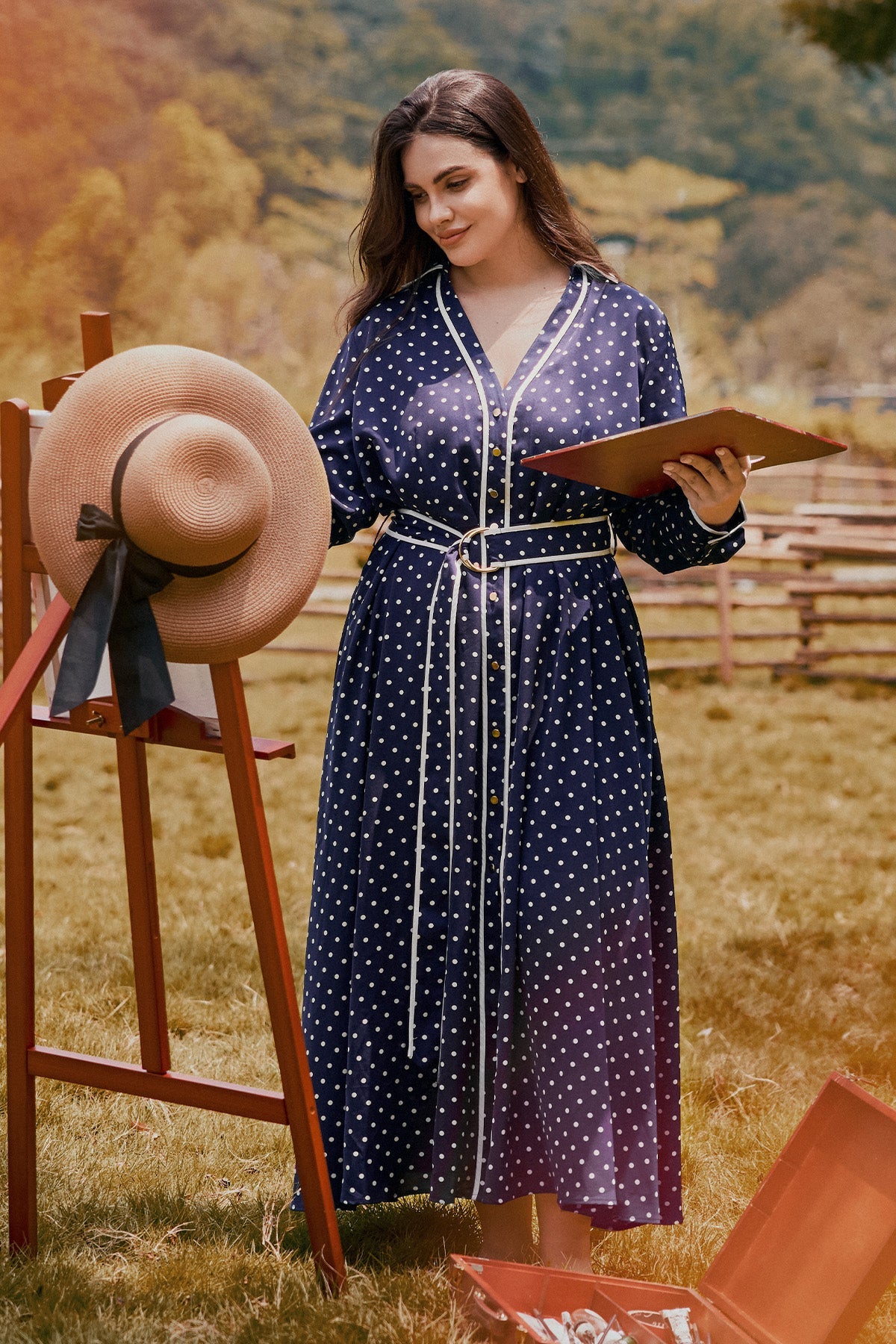 Polka Dot V-neck Long Sleeve Maxi Dress