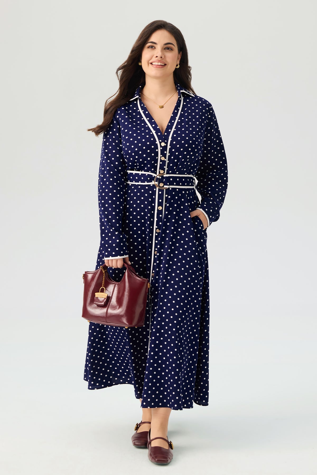 Polka Dot V-neck Long Sleeve Maxi Dress