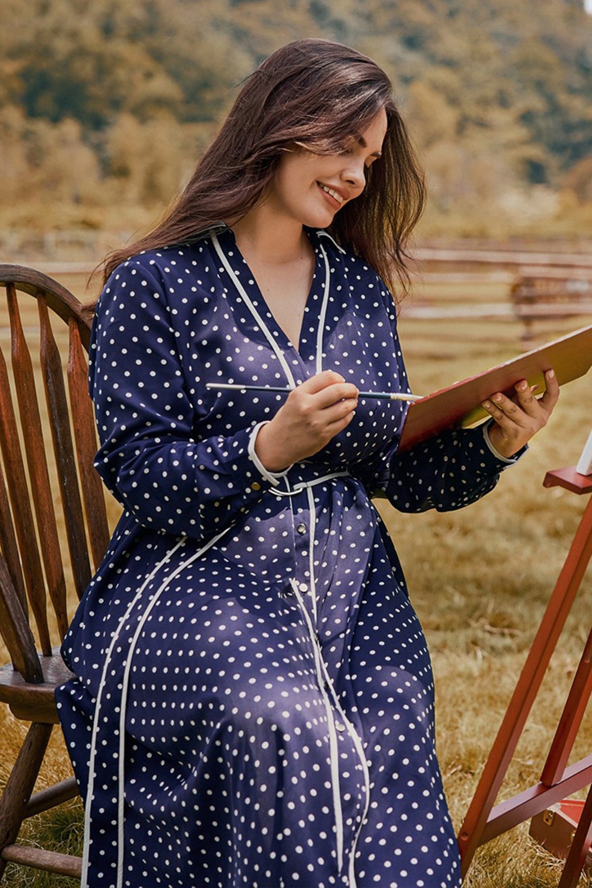 Polka Dot V-neck Long Sleeve Maxi Dress