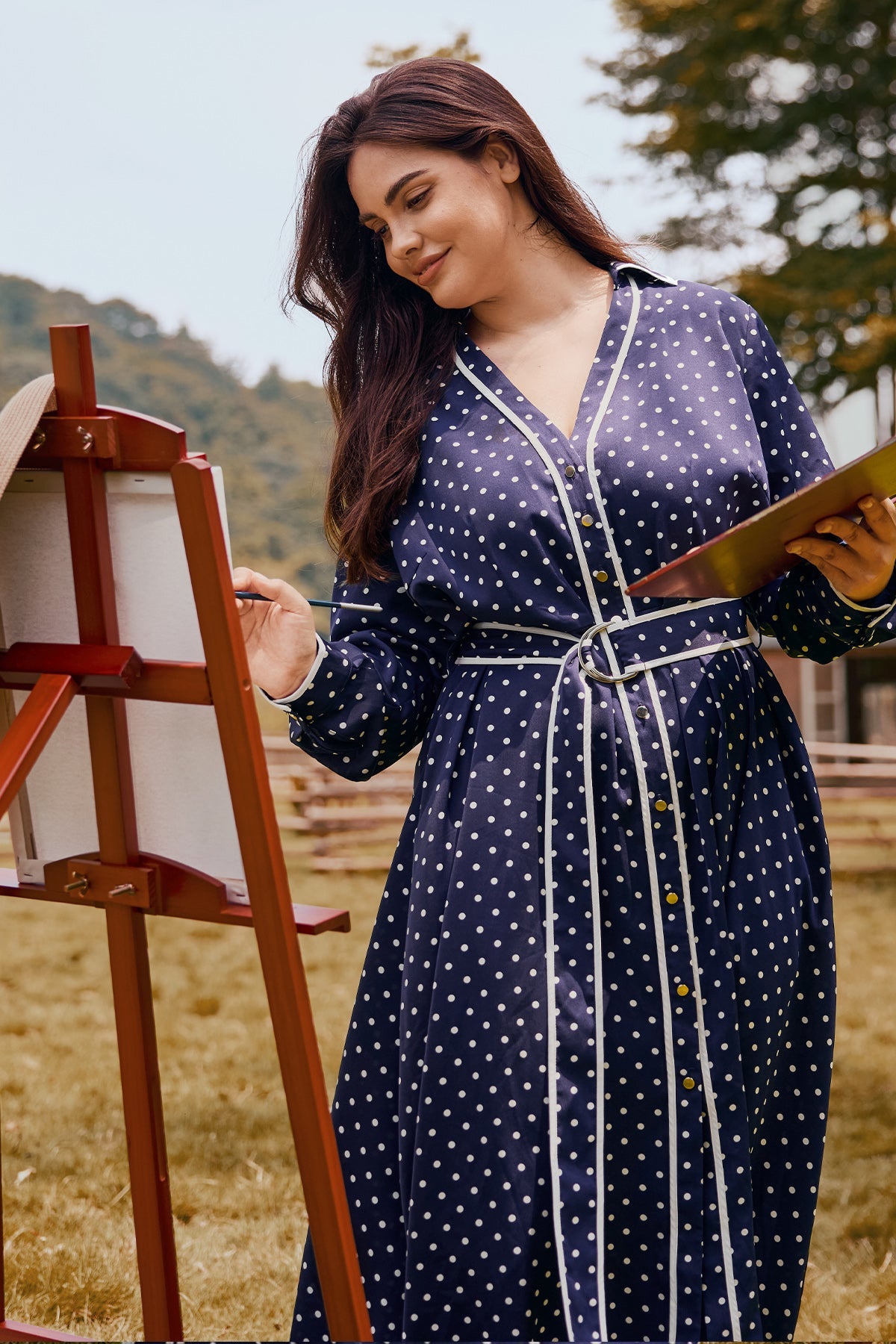 Polka Dot V-neck Long Sleeve Maxi Dress