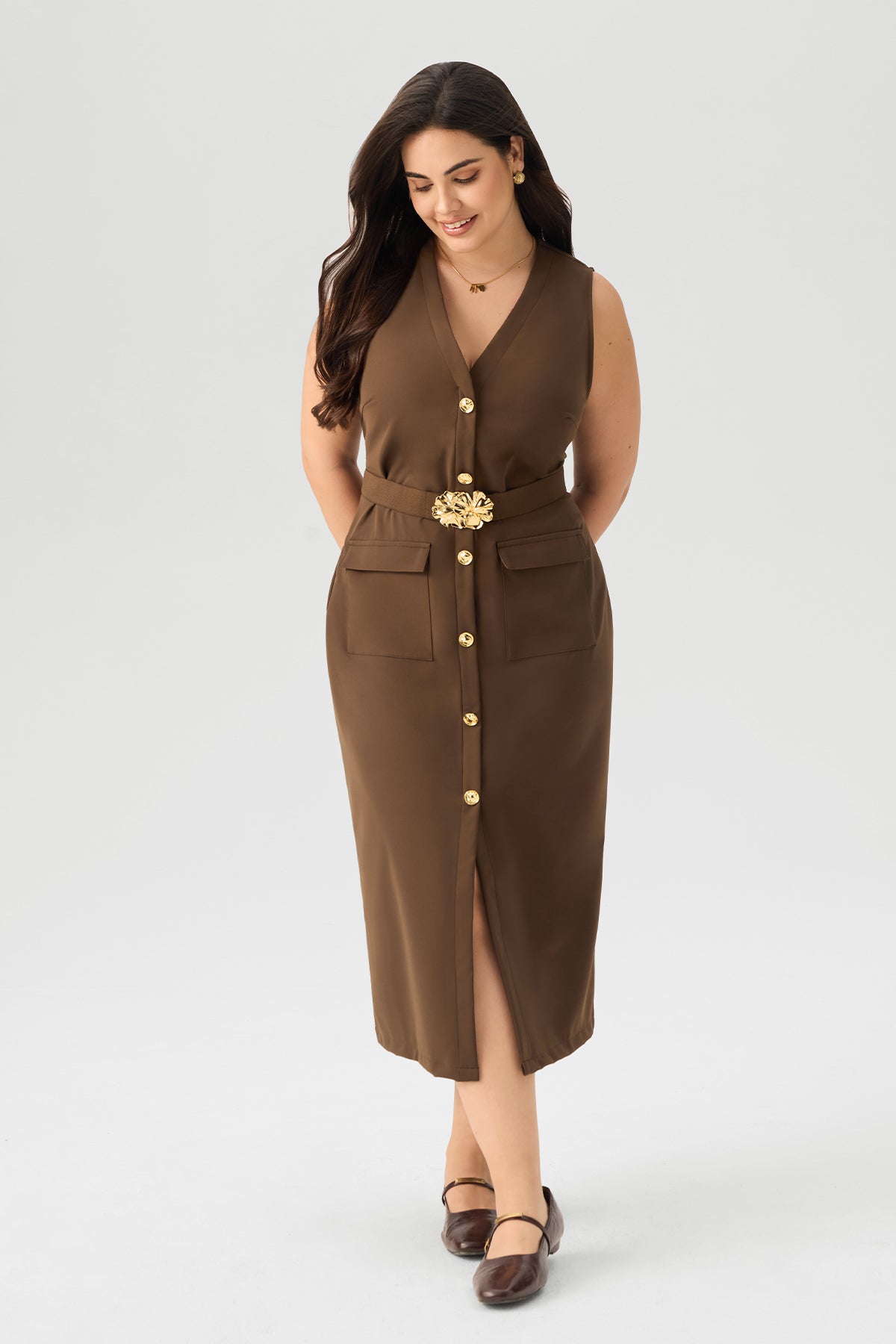 Metallic Decor V - Neck Sleeveless Button  Front Belted Midi Dress