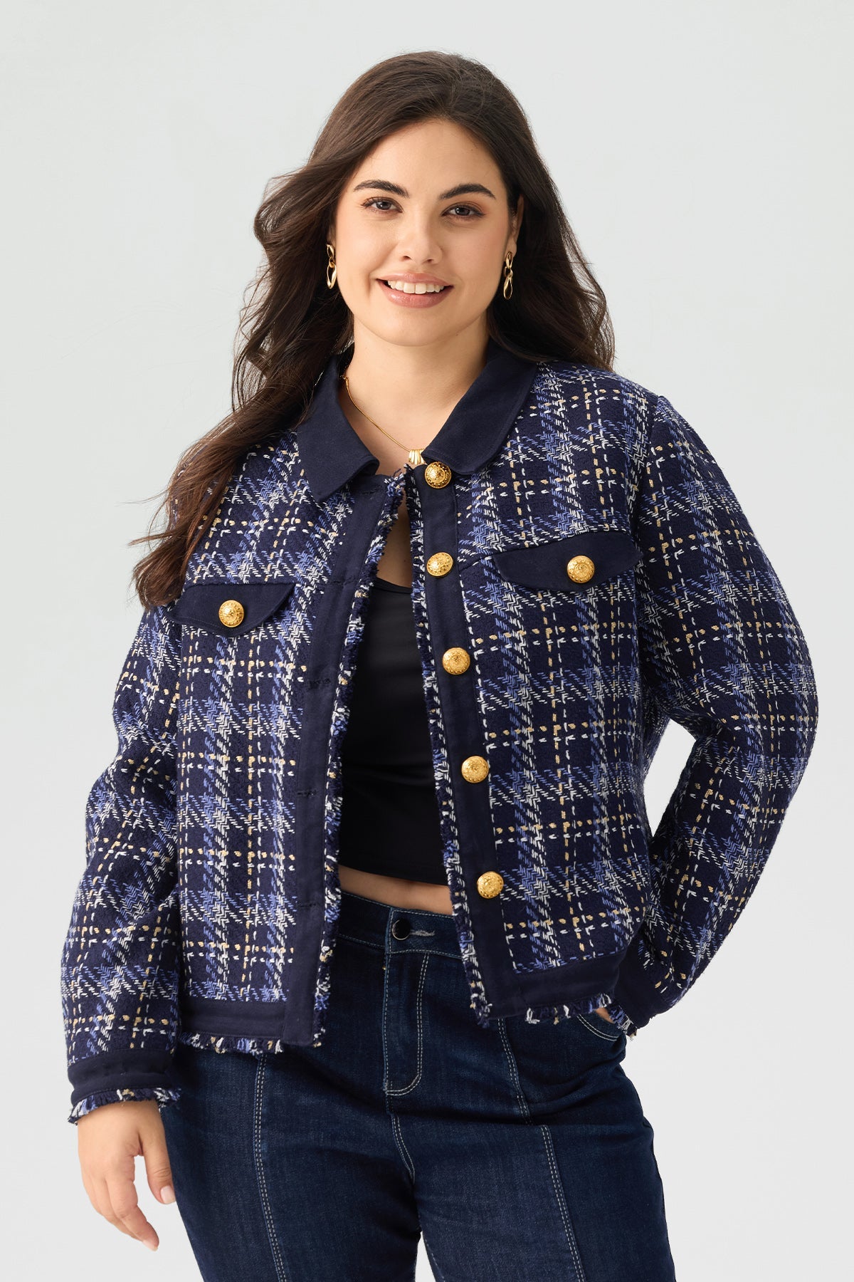 Tweed Style Plaid Button Front Jacket