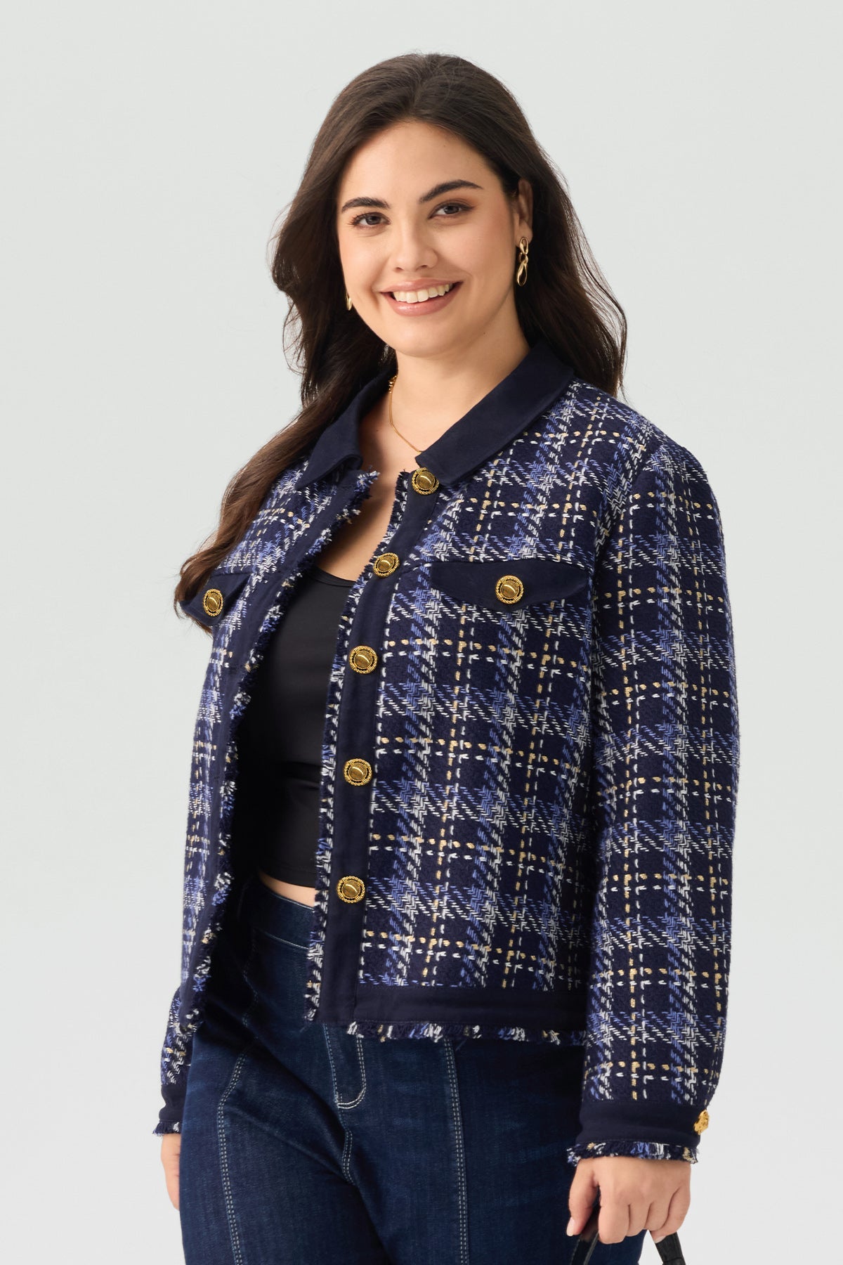Tweed Style Plaid Button Front Jacket