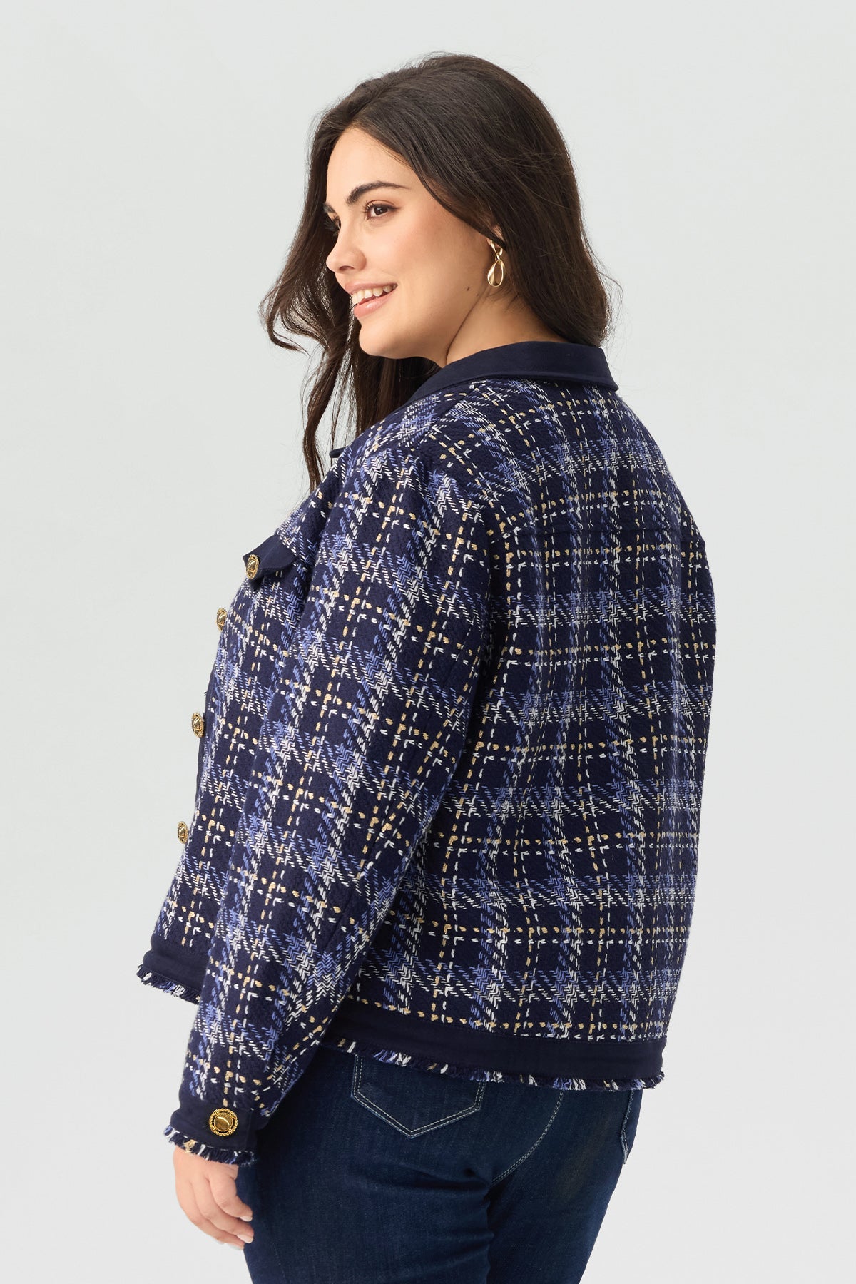 Tweed Style Plaid Button Front Jacket