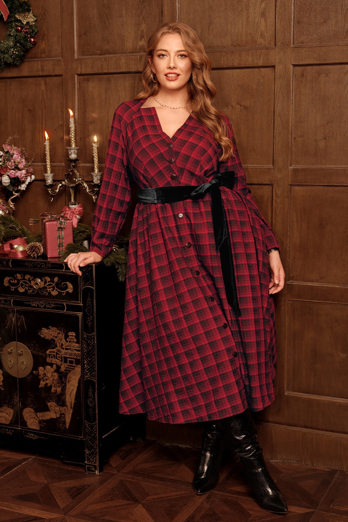 Plaid V Neck Button Front Long Sleeve Belted Maxi Dress