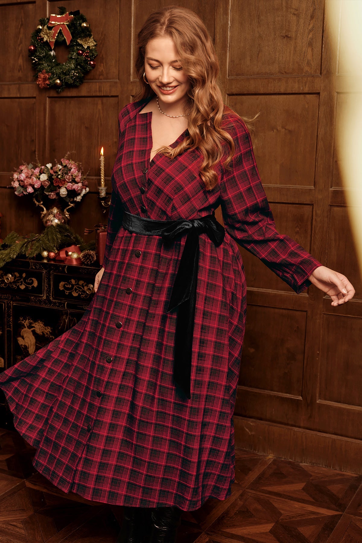 Plaid V Neck Button Front Long Sleeve Belted Maxi Dress