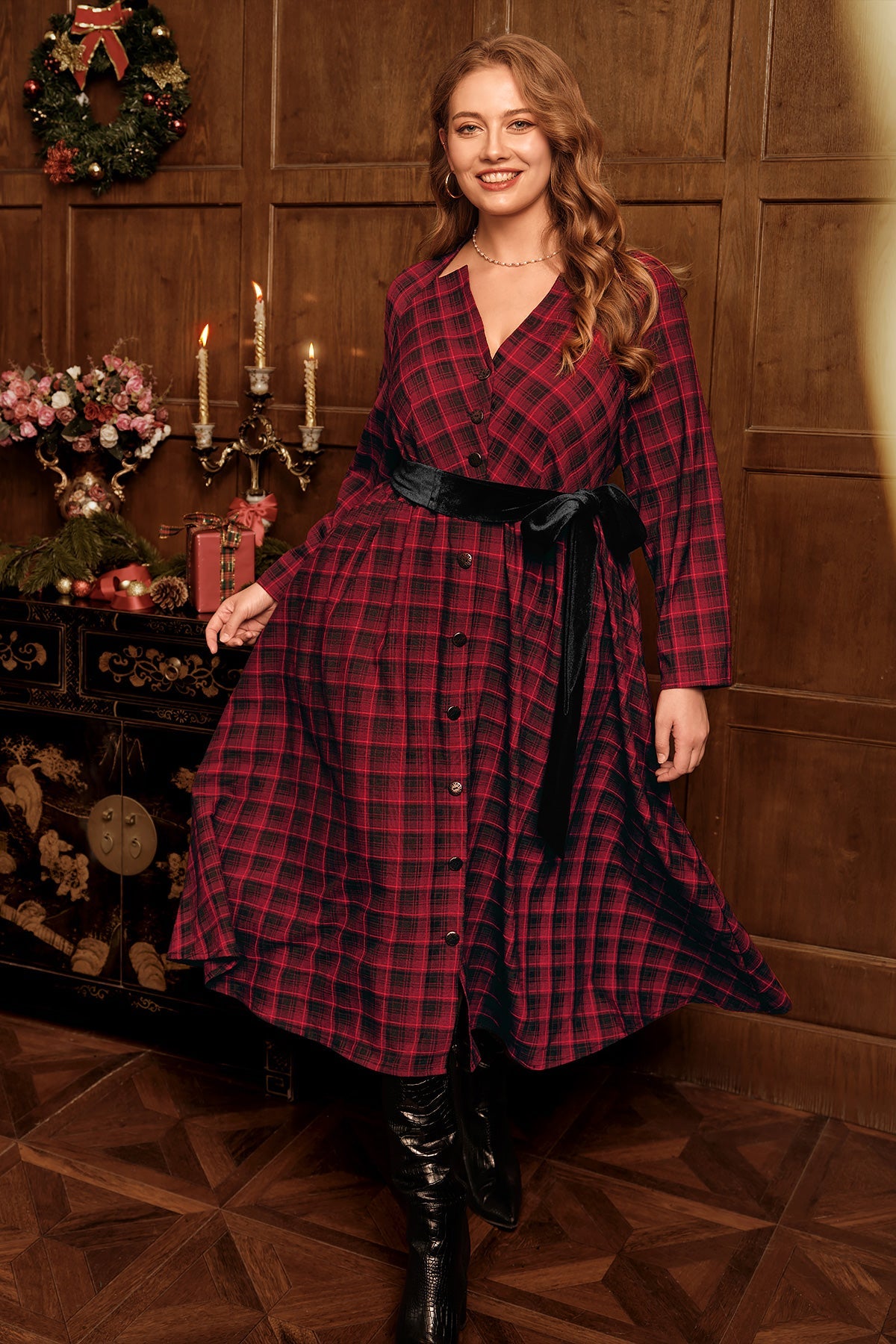 Plaid V Neck Button Front Long Sleeve Belted Maxi Dress