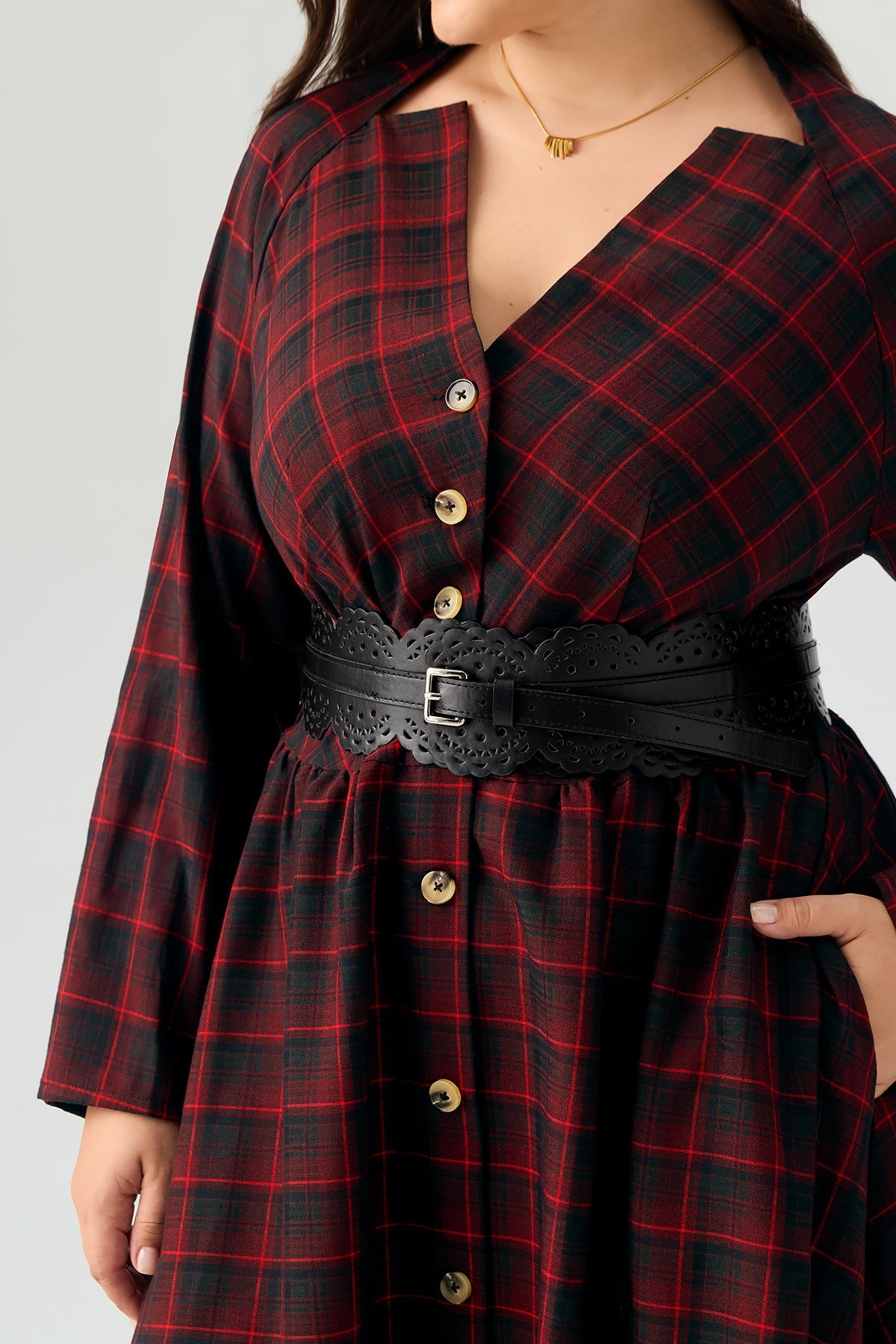 Plaid V Neck Button Front Long Sleeve Belted Maxi Dress