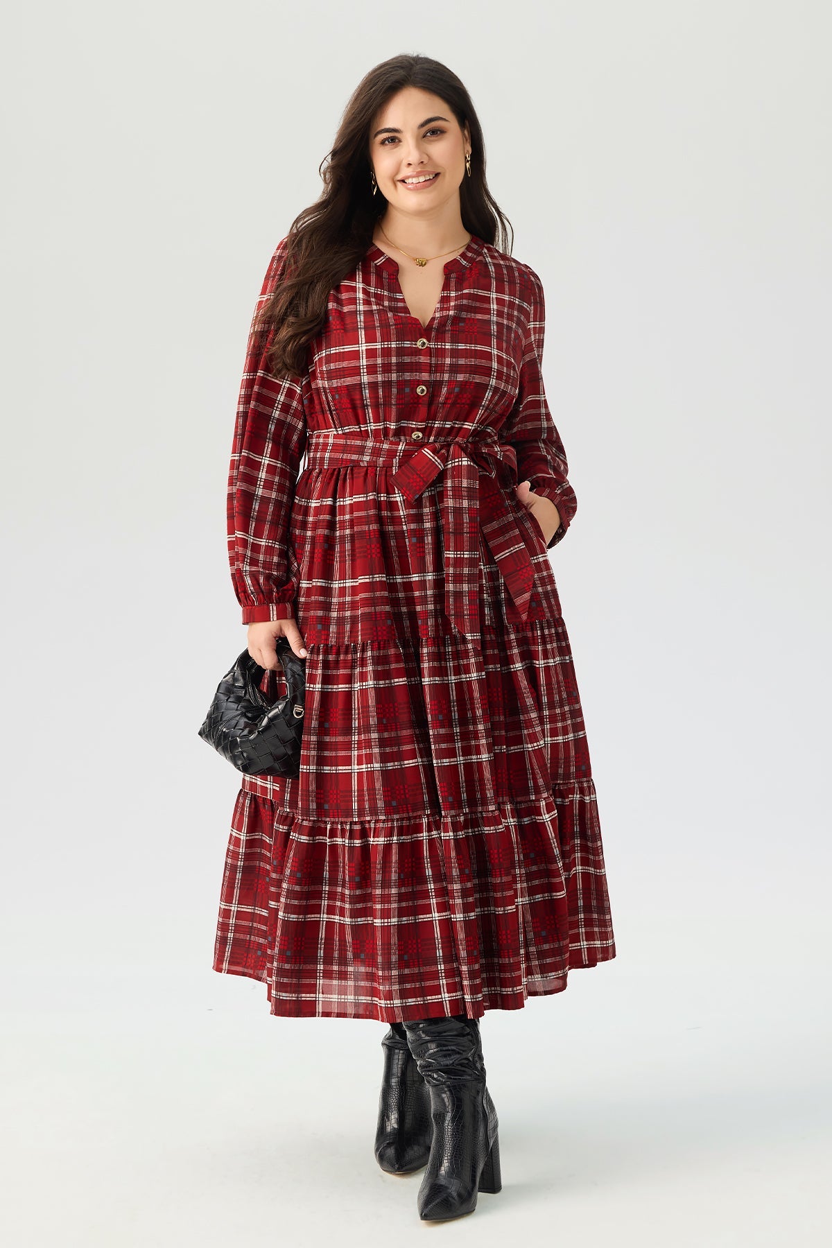Plaid Notch Neck Tie  Pocket Waist Tiered Maxi Dress