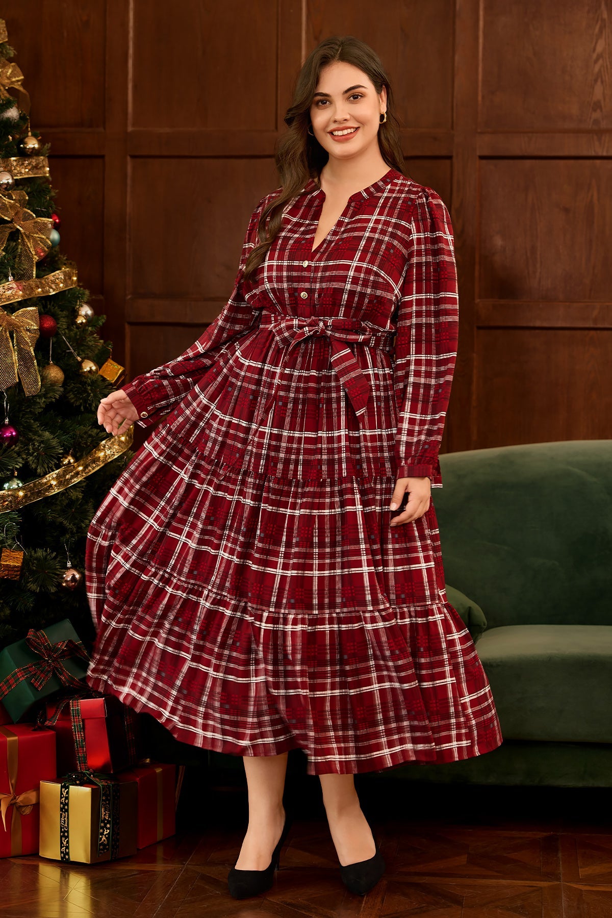 Plaid Notch Neck Tie  Pocket Waist Tiered Maxi Dress