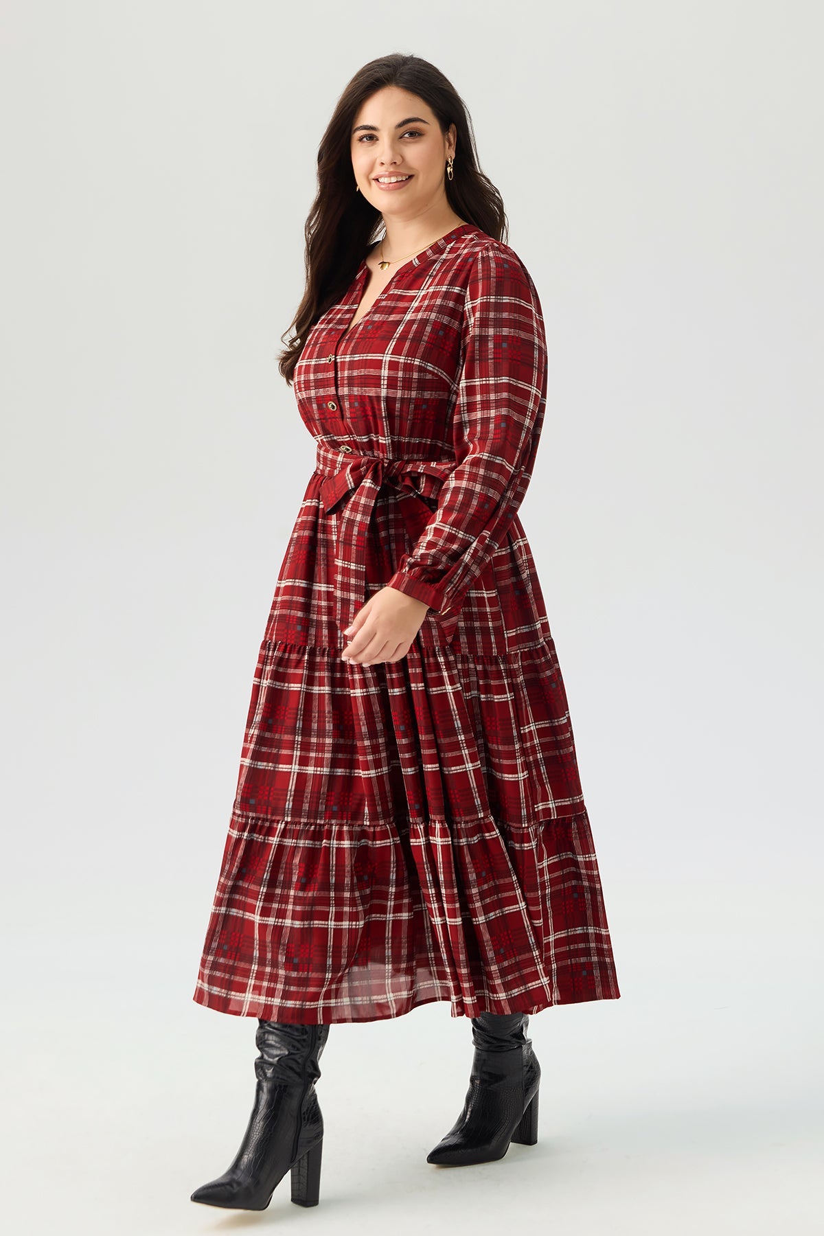 Plaid Notch Neck Tie  Pocket Waist Tiered Maxi Dress