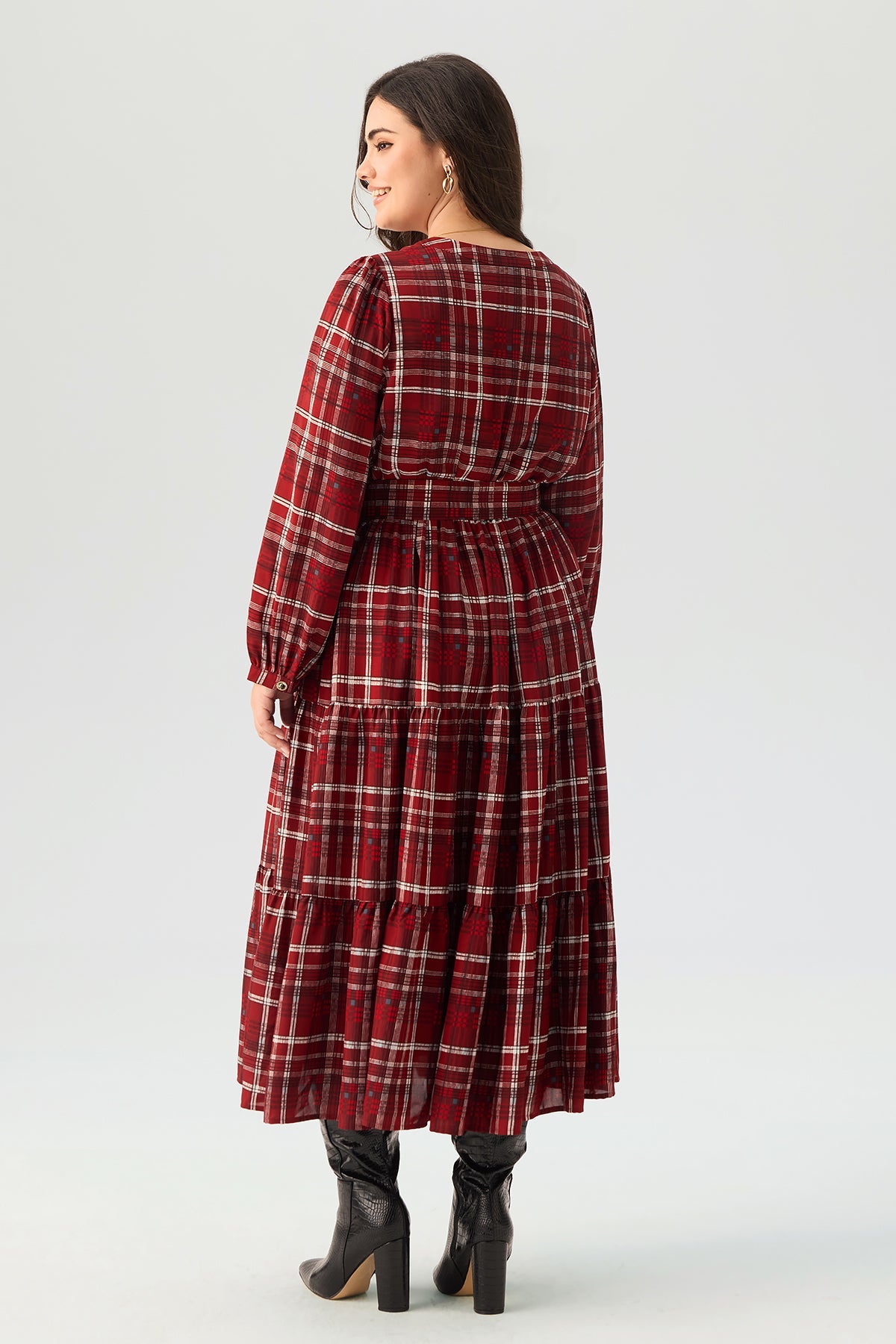 Plaid Notch Neck Tie  Pocket Waist Tiered Maxi Dress