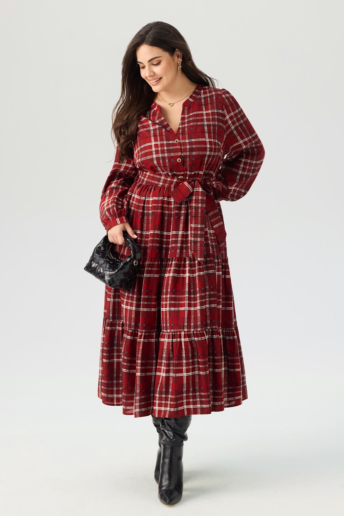 Plaid Notch Neck Tie  Pocket Waist Tiered Maxi Dress