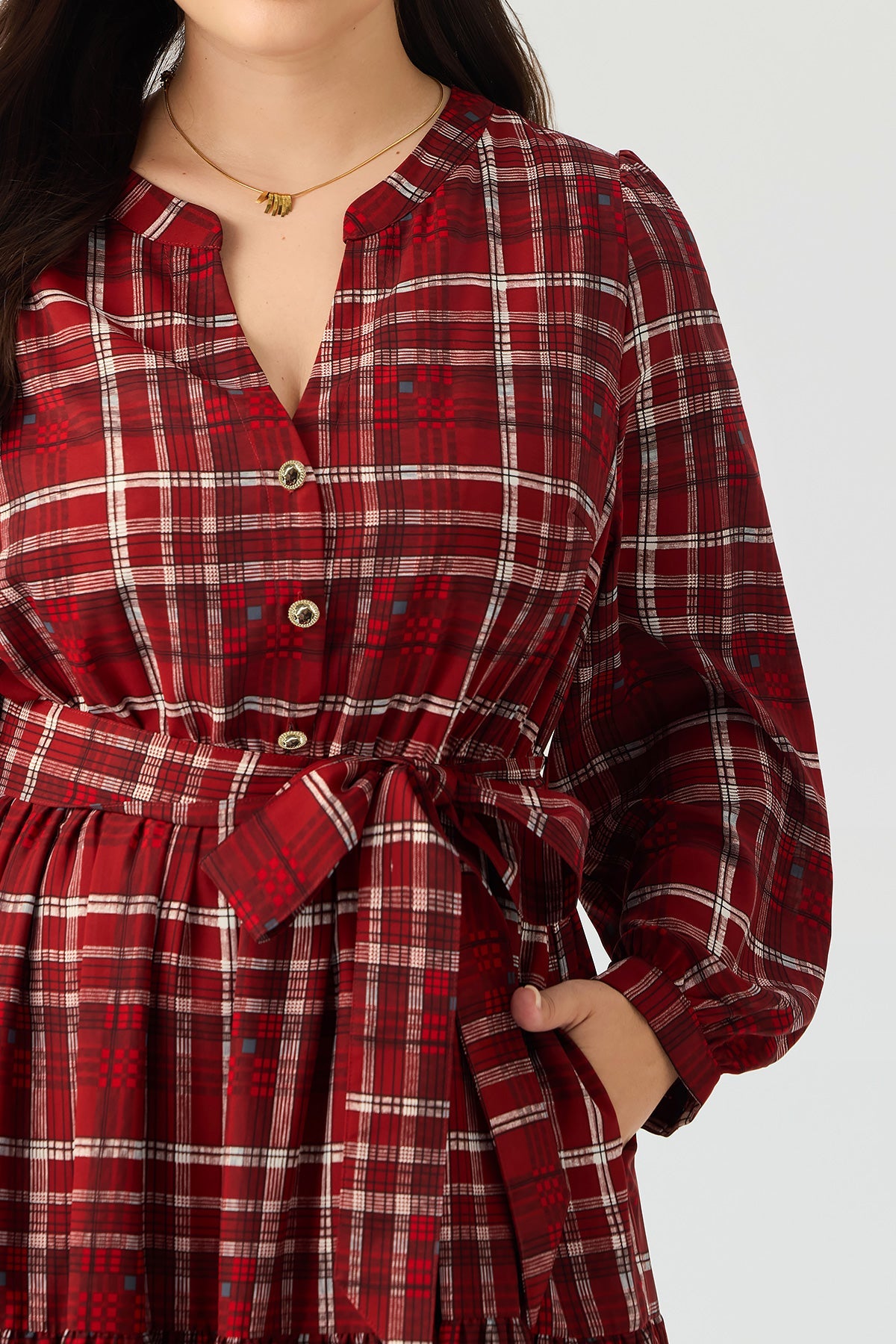 Plaid Notch Neck Tie  Pocket Waist Tiered Maxi Dress