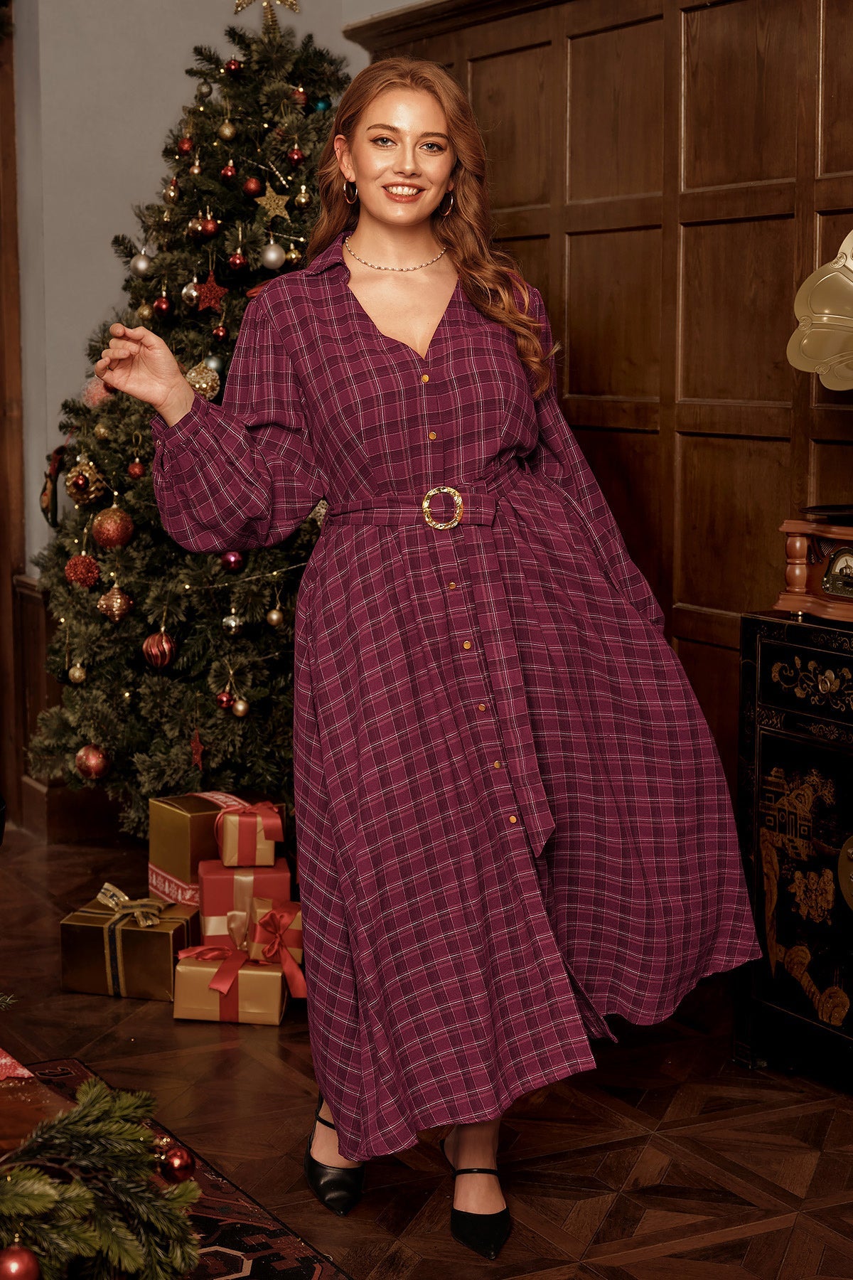 Plum Cotton Gold Buckle Belted Shirt Maxi Dress