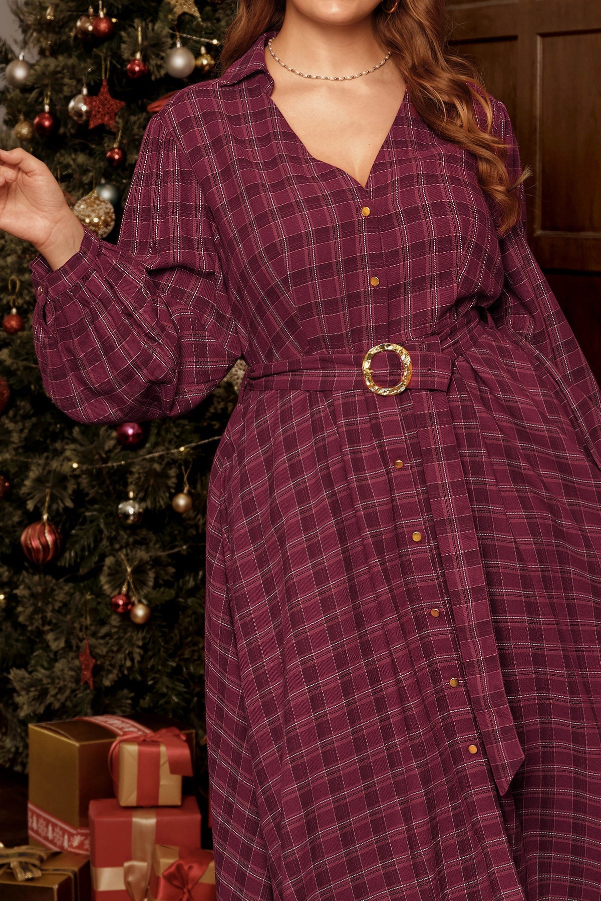 Plum Cotton Gold Buckle Belted Shirt Maxi Dress