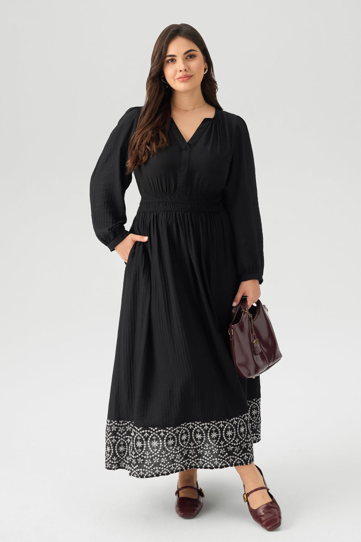 Boho Floral Embroidered Hem V - Neck Smocked Waist Maxi Dress