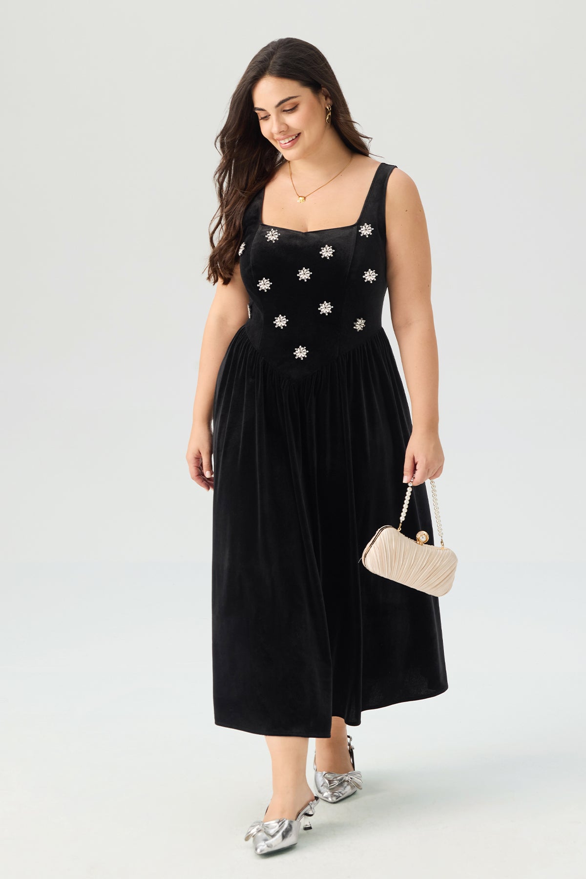 Velvet Square Neck Rhinestone Embellished Maxi Dress
