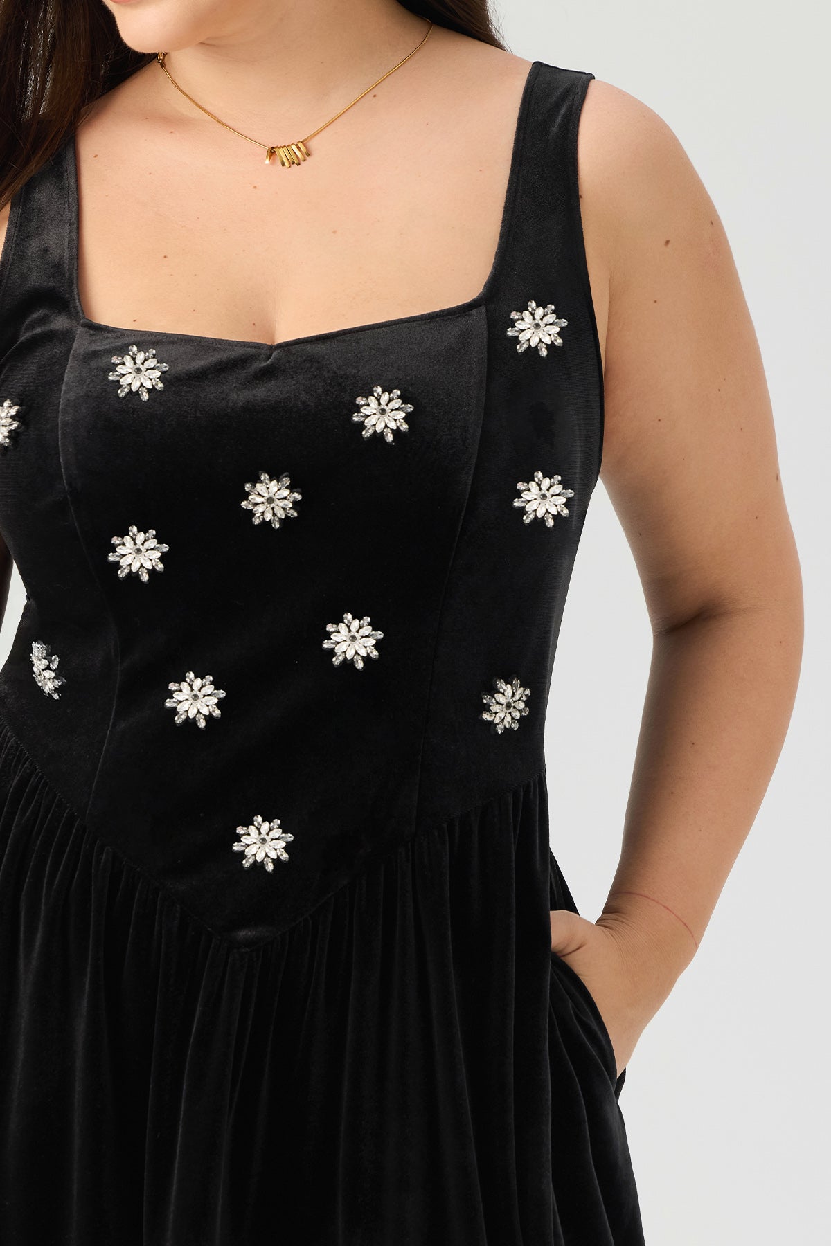 Velvet Square Neck Rhinestone Embellished Maxi Dress